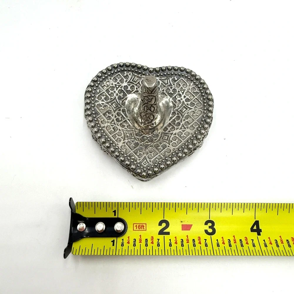 Vintage Ornate Silver Heart Ring Holder Filigree Beaded Jewelry Dish Vanity Tray